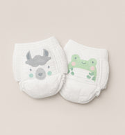 Kit & Kin eco nappy pants with llama and frog animal prints, sizes 4 to 8
